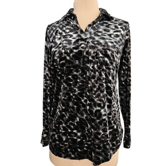 Belle Kim Gravel Button-Up Womens XS Black White Velour Long Sleeve Top Velvet - Picture 1 of 13